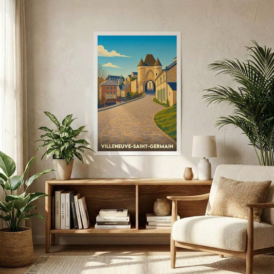 Affiche souvenir de la ville de Villeneuve-Saint-Germain avec une illustration stylisée d'une rue pavée menant à une porte médiévale.