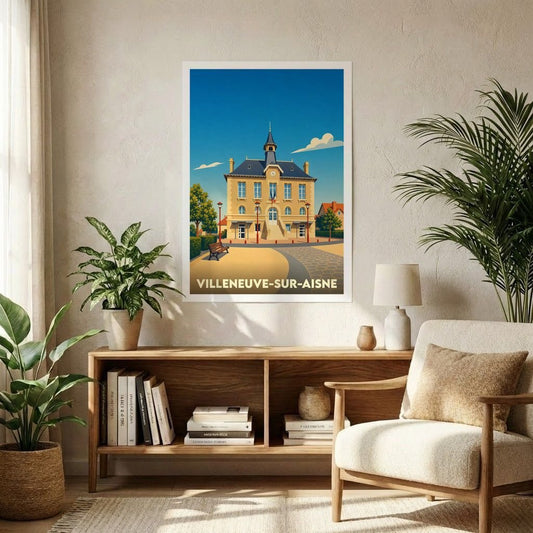 Affiche souvenir de la ville de Villeneuve-sur-Aisne avec une illustration stylisée de sa mairie.