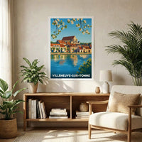 Affiche souvenir de la ville de Villeneuve-sur-Yonne avec une illustration stylisée.