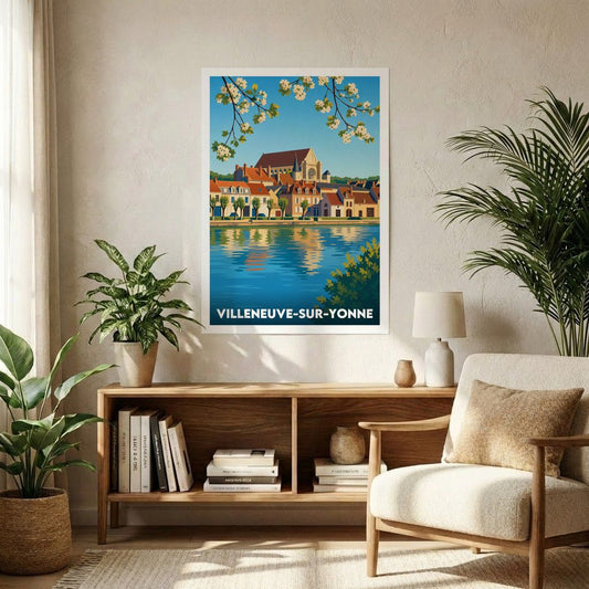 Affiche souvenir de la ville de Villeneuve-sur-Yonne avec une illustration stylisée.