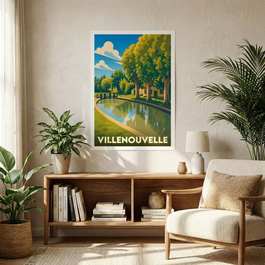Affiche souvenir de la ville de Villenouvelle illustrant un canal paisible bordé d'arbres dans un style graphique rétro.