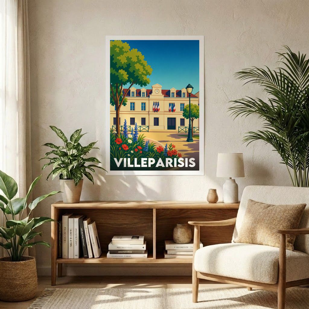 Affiche souvenir de la ville de Villeparisis avec une illustration stylisée.