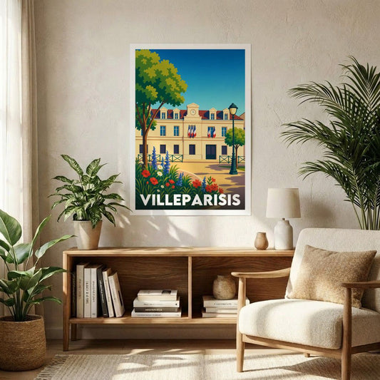 Affiche souvenir de la ville de Villeparisis avec une illustration stylisée.