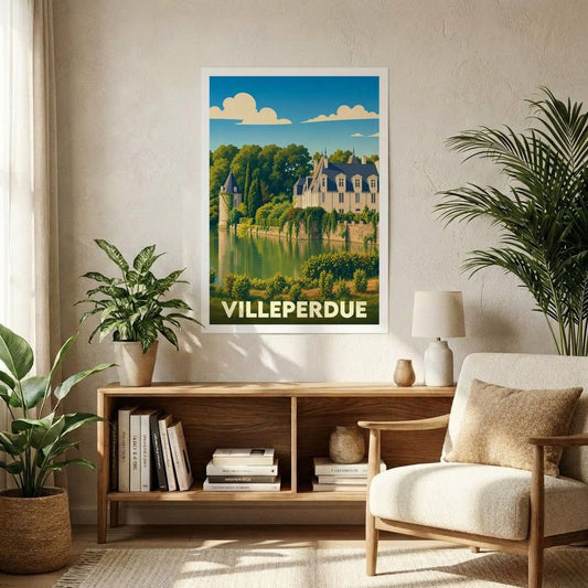 Affiche souvenir de la ville de Villeperdue illustrant un château au bord de l'eau dans un style vintage.