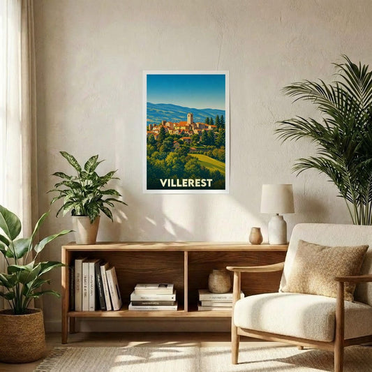 Affiche souvenir de la ville de Villerest présentant une illustration stylisée d'un village perché.