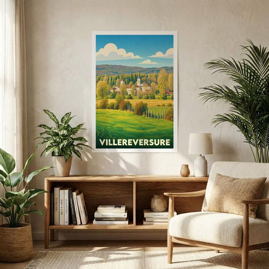 Affiche souvenir de la ville de Villereversure avec une illustration paysagère stylisée.