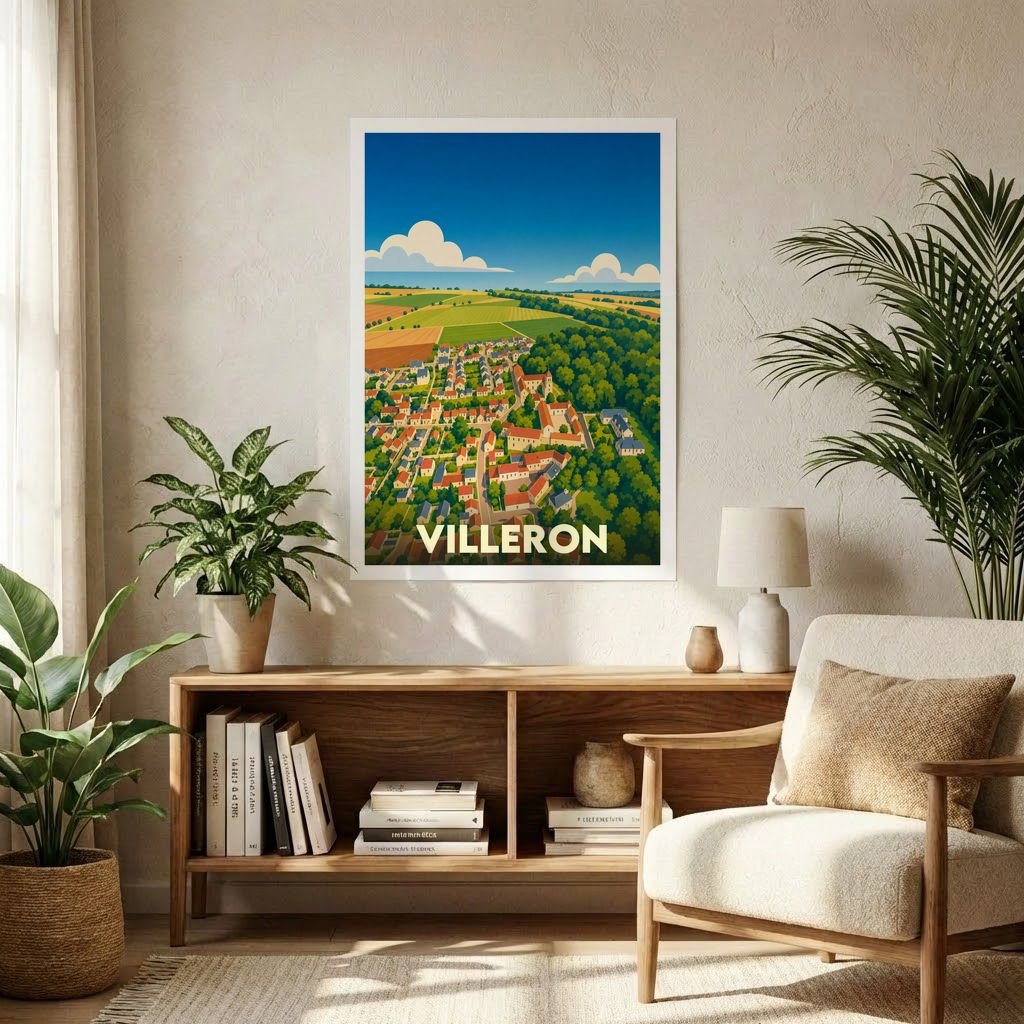 Affiche souvenir de la ville de Villeron présentant une illustration stylisée et colorée de ses paysages.