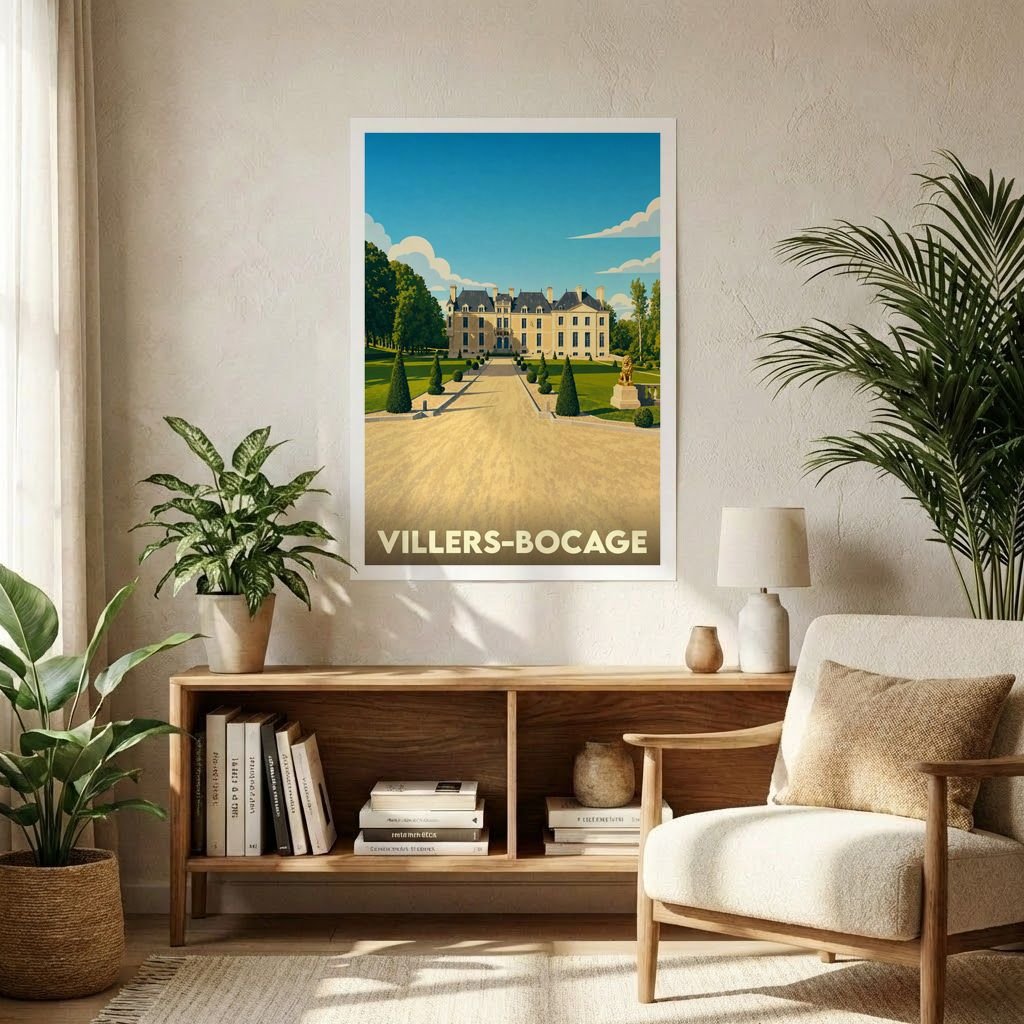 Affiche souvenir de la ville de Villers-Bocage présentant une illustration stylisée d'un château et de ses jardins.