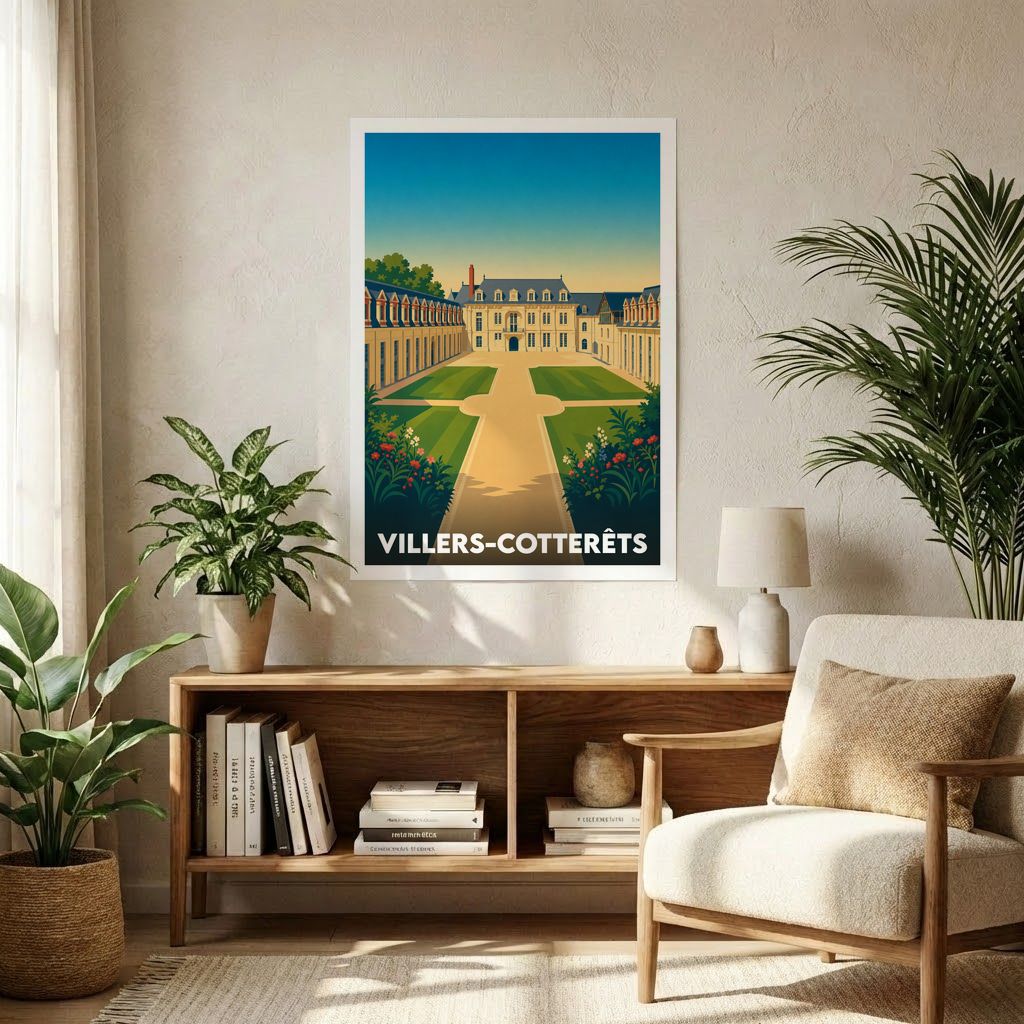 Affiche souvenir de la ville de Villers-Cotterêts avec une illustration stylisée de son château royal.