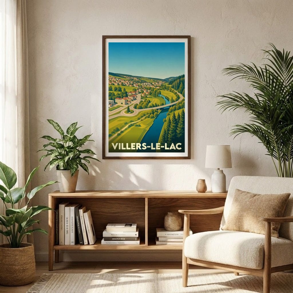 Affiche souvenir de la ville de Villers-le-Lac avec une illustration stylisée de son paysage verdoyant.
