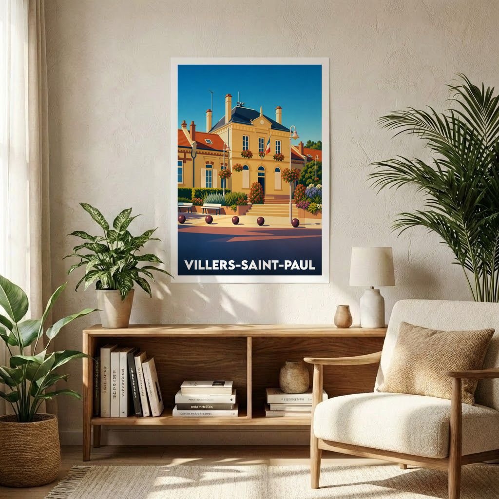 Affiche souvenir de la ville de Villers-Saint-Paul avec une illustration stylisée de son hôtel de ville.