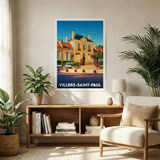 Affiche souvenir de la ville de Villers-Saint-Paul avec une illustration stylisée de son hôtel de ville.