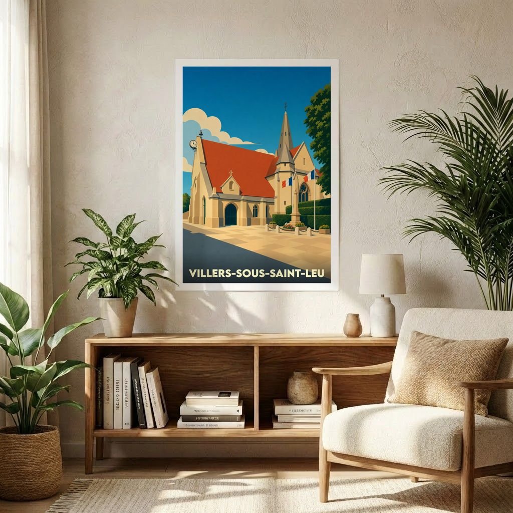 Affiche souvenir de la ville de Villers-sous-Saint-Leu avec une illustration stylisée de son église.