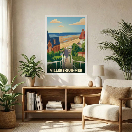 Affiche souvenir de la ville de Villers-sur-Mer avec une illustration stylisée d'une vue sur mer depuis un escalier.