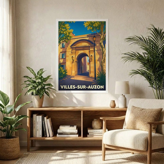 Affiche souvenir de la ville de Villes-sur-Auzon avec une illustration stylisée de son architecture.