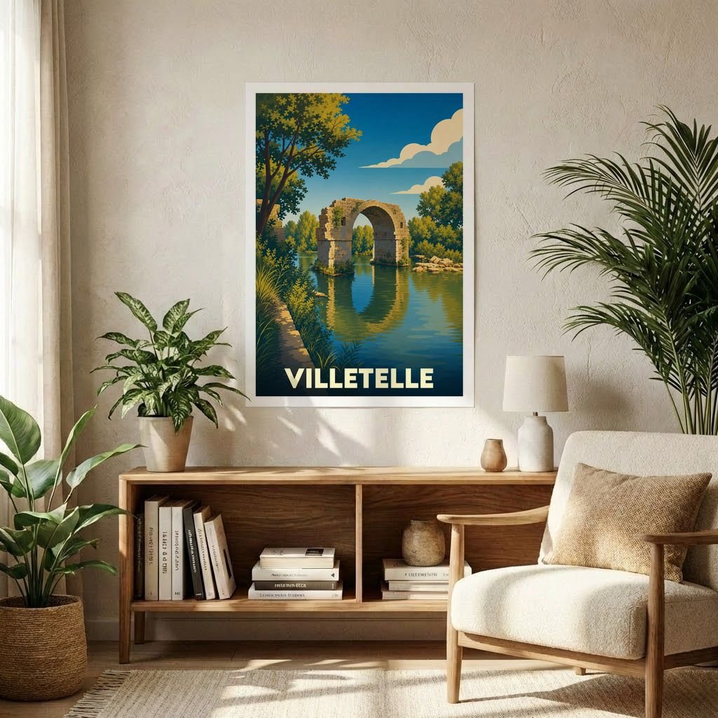 Affiche souvenir de la ville de Villetelle avec une illustration stylisée d'un pont romain.