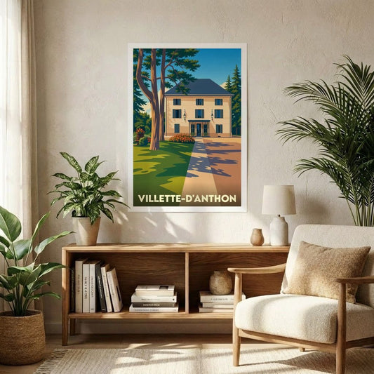 Affiche souvenir de la ville de Villette-d'Anthon avec une illustration stylisée d'une grande demeure sous les arbres.