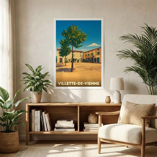 Affiche souvenir de la ville de Villette-de-Vienne avec une illustration stylisée d'une place ensoleillée.