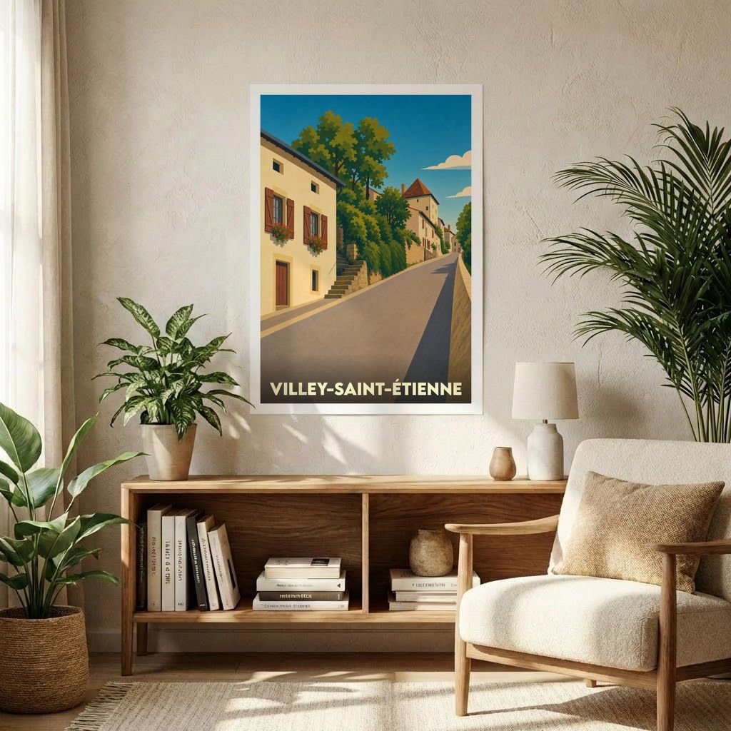 Affiche souvenir de la ville de Villey-Saint-Étienne avec une illustration stylisée d'une rue pittoresque.