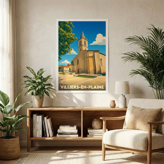 Affiche souvenir de la ville de Villiers-en-Plaine avec une illustration stylisée de son église.