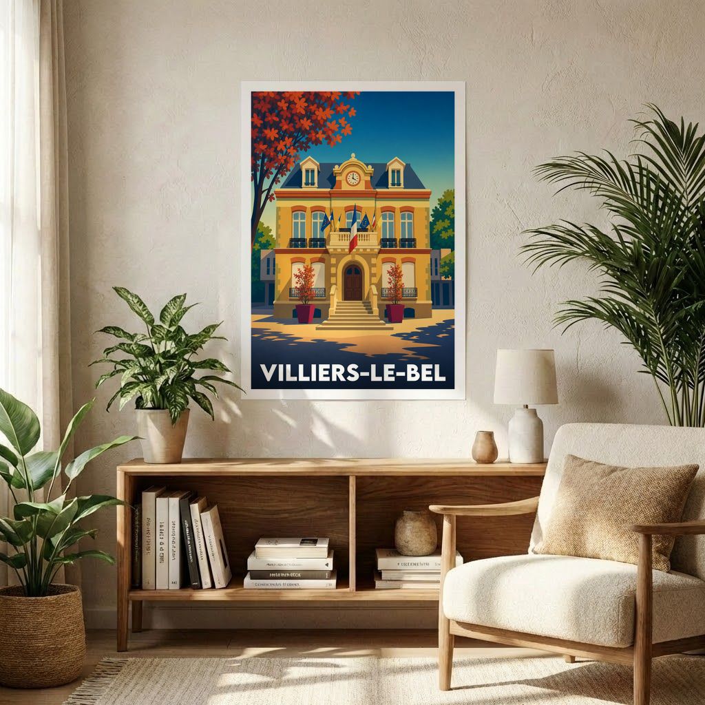 Affiche souvenir de la ville de Villiers-le-Bel illustrant son hôtel de ville dans un style graphique et coloré.