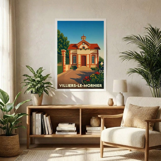 Affiche souvenir de la ville de Villiers-le-Morhier avec une illustration stylisée de sa mairie.