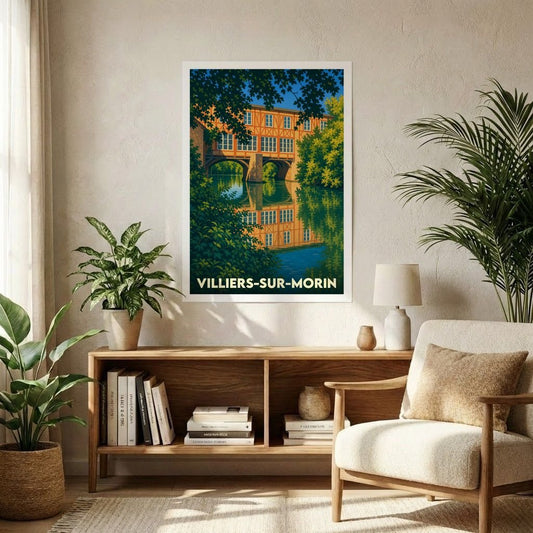 Affiche souvenir de la ville de Villiers-sur-Morin avec une illustration stylisée d'un bâtiment à colombages se reflétant dans l'eau.