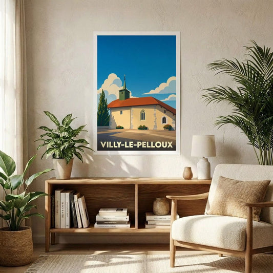 Affiche souvenir de la ville de Villy-le-Pelloux avec une illustration stylisée de son église.