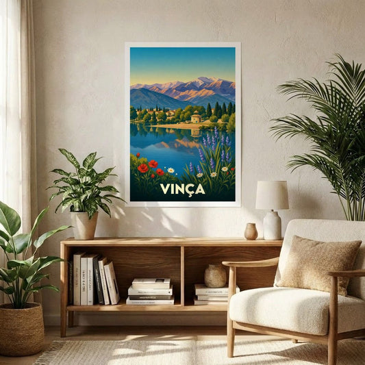 Affiche souvenir de la ville de Vinça illustrant un lac paisible au pied des montagnes.
