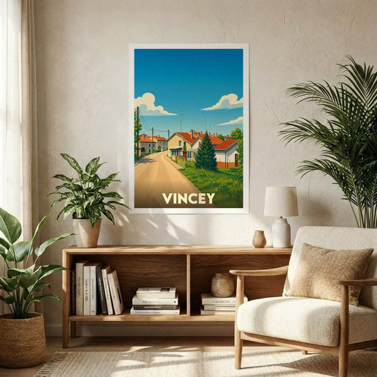 Affiche souvenir de la ville de Vincey avec une illustration stylisée et colorée du village.