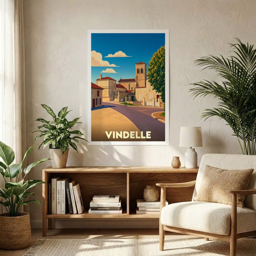 Affiche souvenir de la ville de Vindelle avec une illustration stylisée.