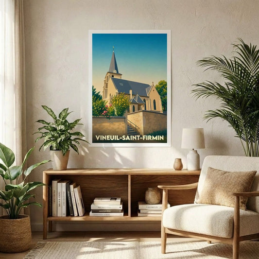 Affiche souvenir de la ville de Vineuil-Saint-Firmin avec une illustration stylisée de son église sous un ciel de fin de journée.