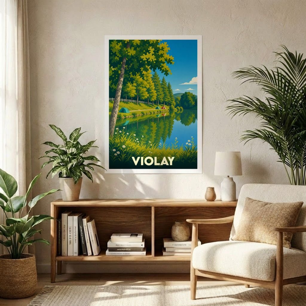 Affiche souvenir de la ville de Violay représentant une illustration stylisée d'un lac bordé de sapins et de tentes de camping.