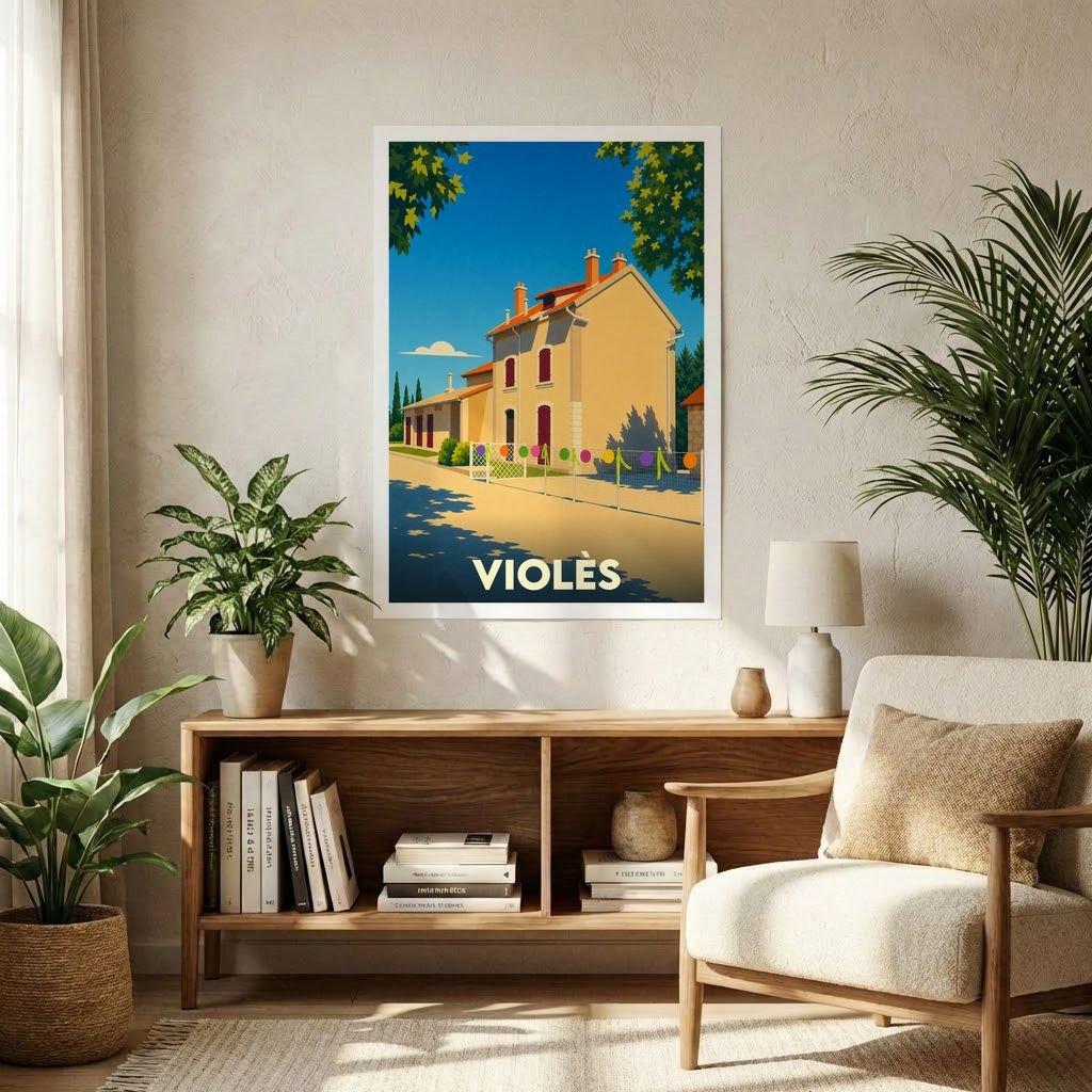 Affiche souvenir de la ville de Violès avec une illustration stylisée d'un paysage provençal.