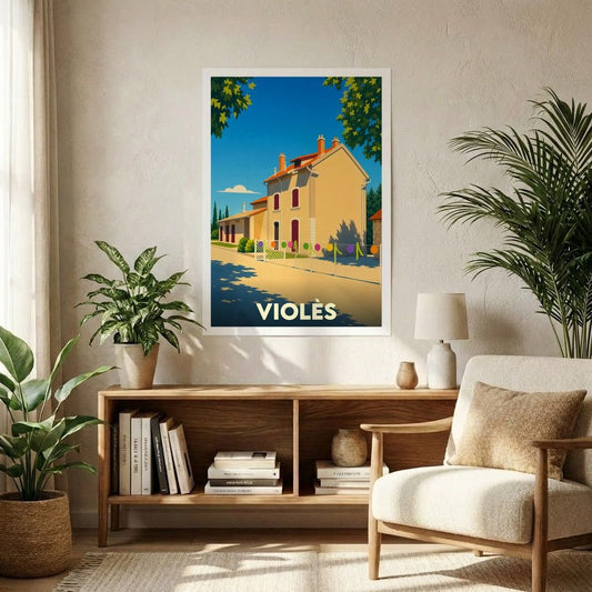 Affiche souvenir de la ville de Violès avec une illustration stylisée d'un paysage provençal.