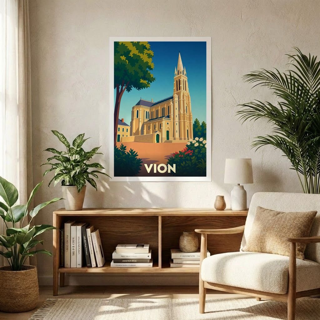 Affiche souvenir de la ville de Vion représentant son église dans un style graphique épuré.