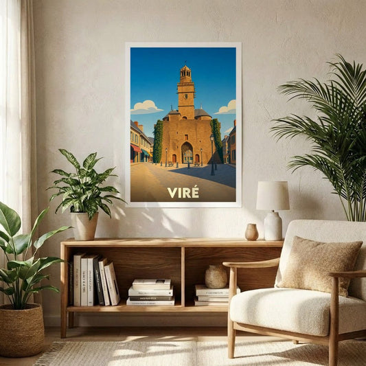 Affiche souvenir de la ville de Viré présentant une illustration stylisée de sa célèbre porte monumentale.