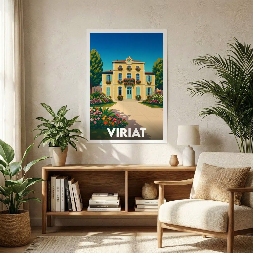 Affiche souvenir de la ville de Viriat représentant une demeure bourgeoise fleurie dans un style graphique rétro.