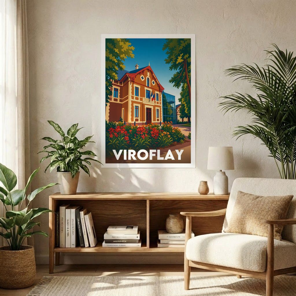 Affiche souvenir de la ville de Viroflay avec une illustration stylisée de son patrimoine architectural.