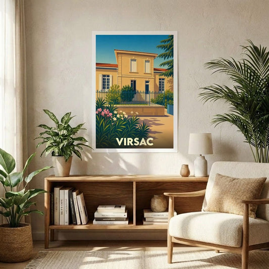 Affiche souvenir de la ville de Virsac avec une illustration stylisée d'une maison ensoleillée et de fleurs.