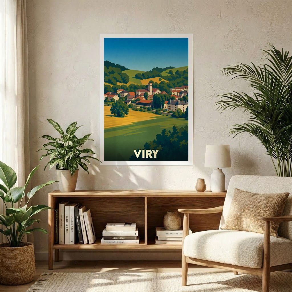 Affiche souvenir de la ville de Viry représentant un paysage rural illustré dans un style vintage.