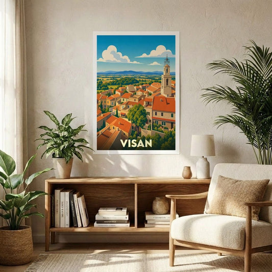 Affiche souvenir de la ville de Visan avec une illustration stylisée et colorée.