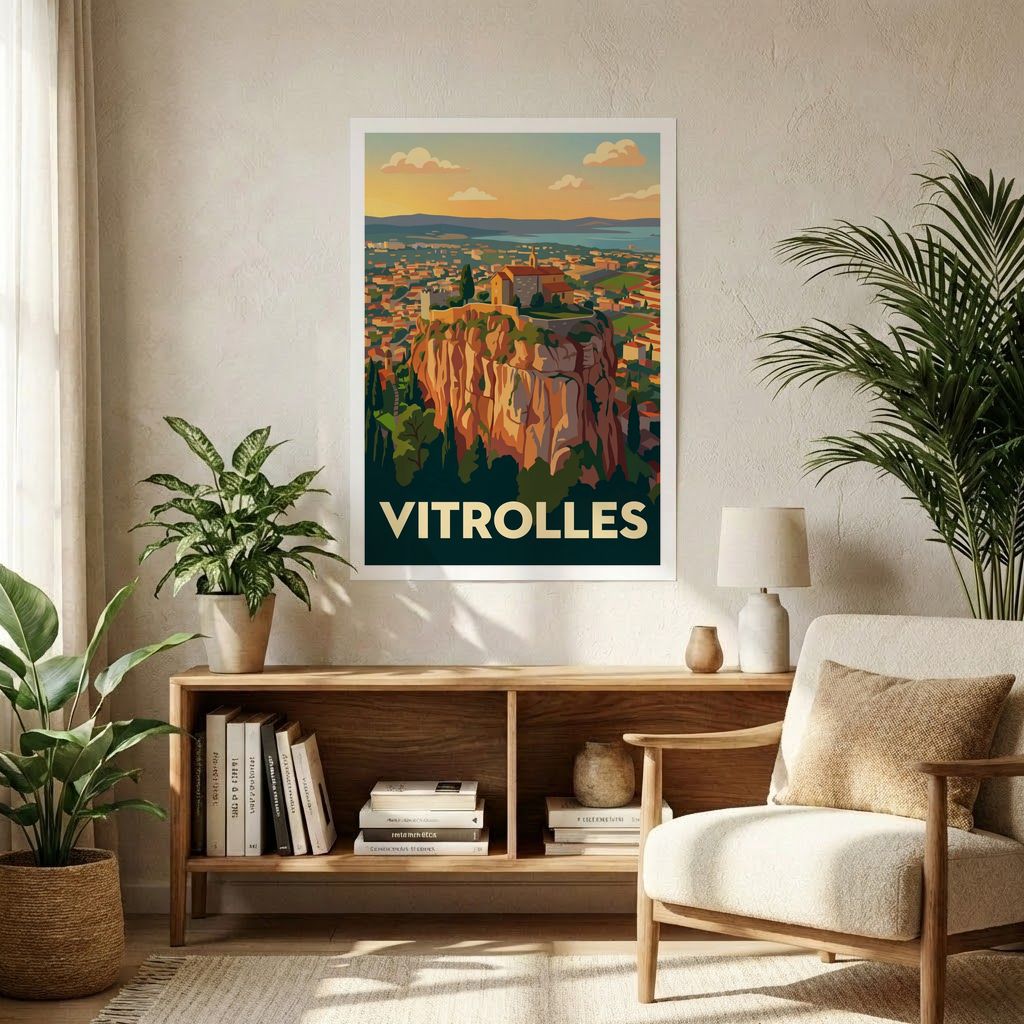 Affiche souvenir de la ville de Vitrolles avec une illustration stylisée.