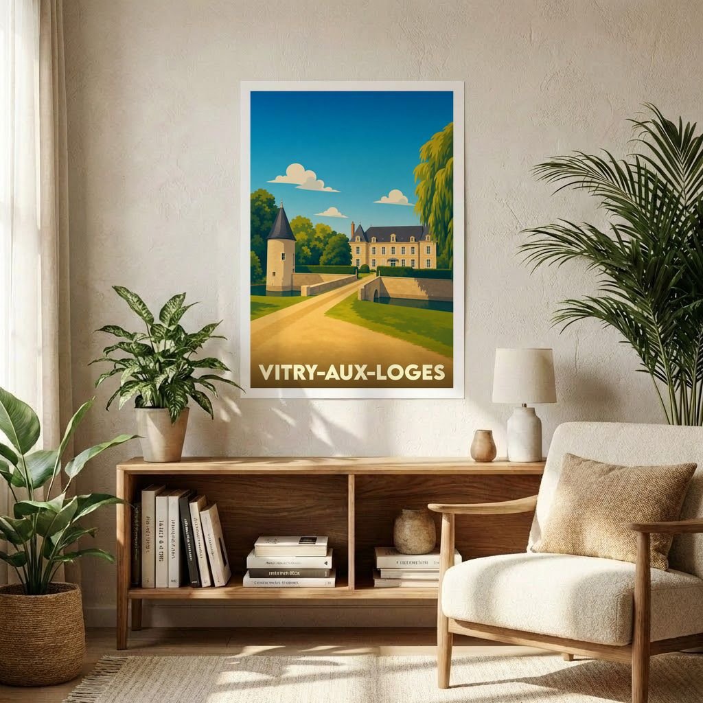 Affiche souvenir de la ville de Vitry-aux-Loges avec une illustration stylisée d'un château.