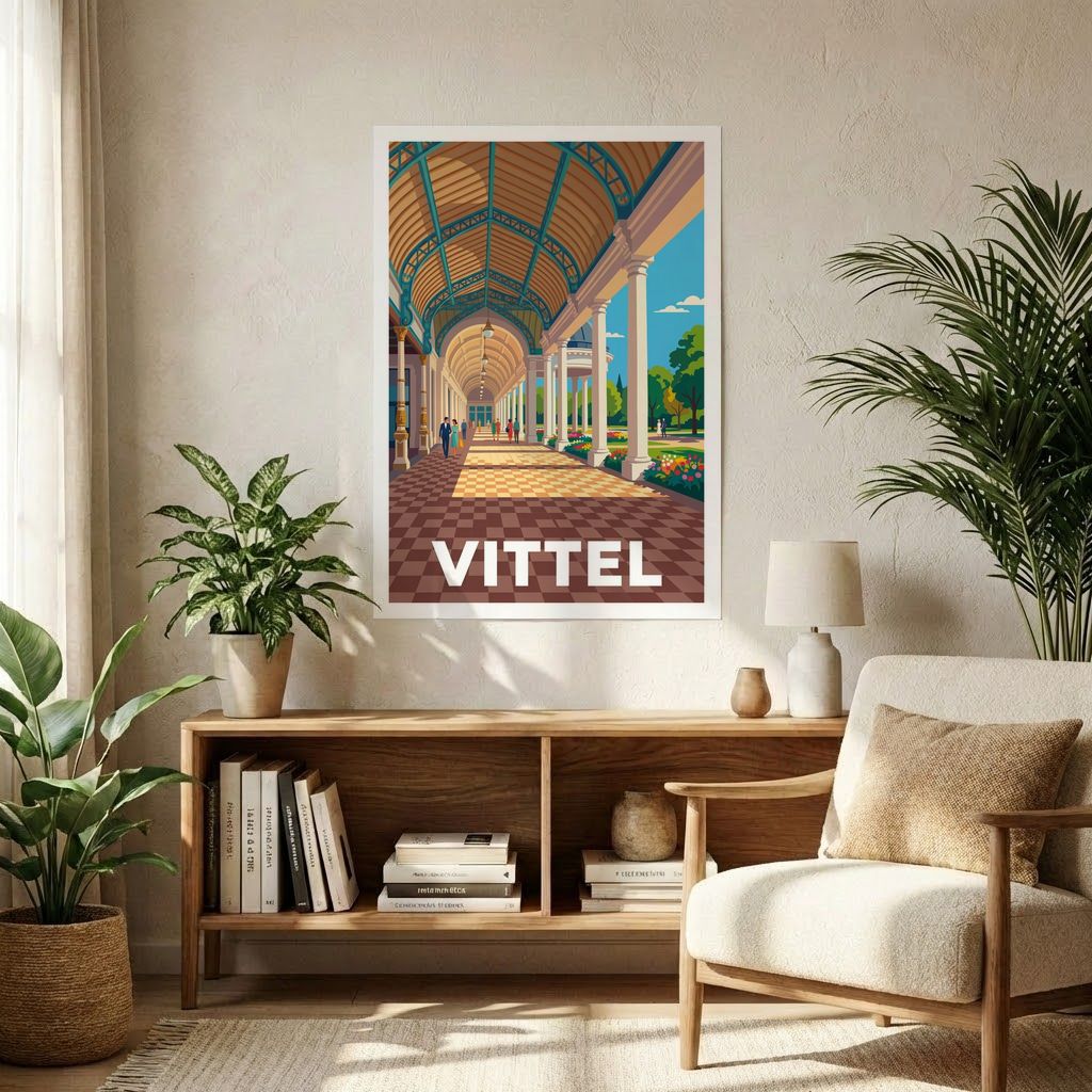 Affiche souvenir de la ville de Vittel avec une illustration stylisée.