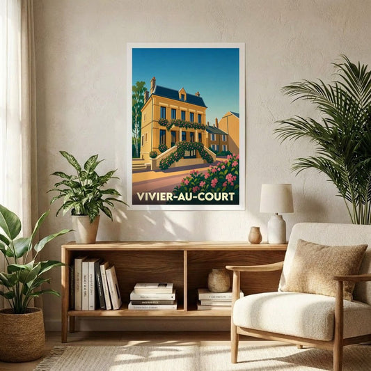 Affiche souvenir de la ville de Vivier-au-Court avec une illustration stylisée d'une maison fleurie.