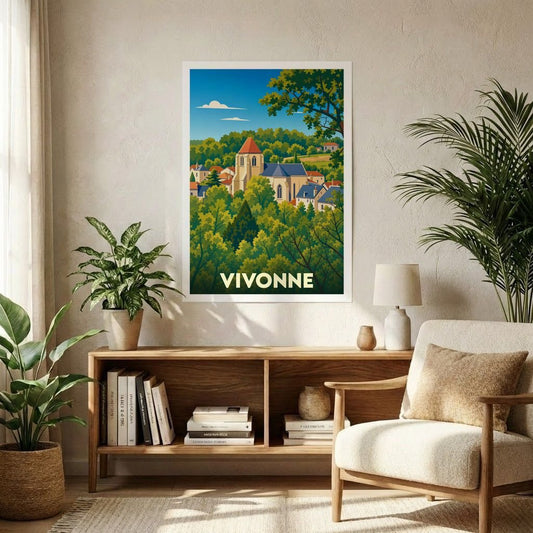 Affiche souvenir de la ville de Vivonne avec une illustration stylisée et colorée.