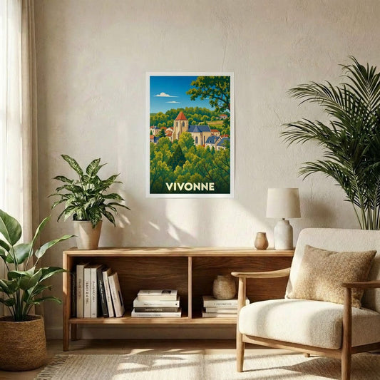 Affiche souvenir de la ville de Vivonne avec une illustration stylisée et colorée.