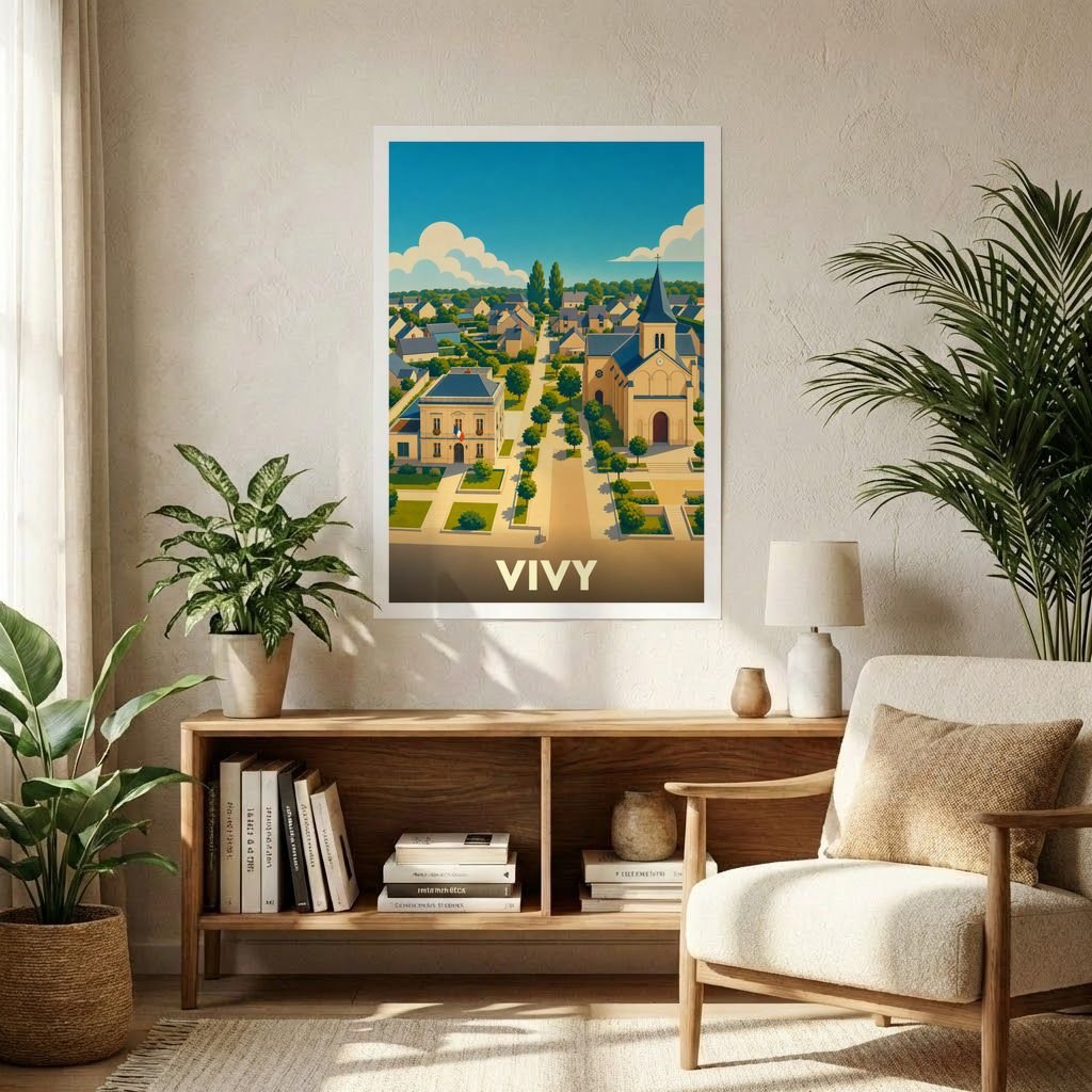 Affiche souvenir de la ville de Vivy avec une illustration stylisée et colorée de son centre-bourg.
