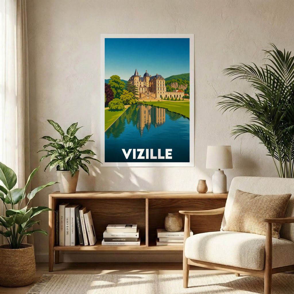 Affiche souvenir de la ville de Vizille avec une illustration stylisée de son château se reflétant dans l'eau.